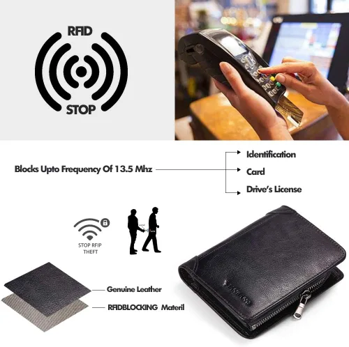 Miniatura 17 de Billetera para hombre con cremallera de cuero genuino RFID tarjeteros de piel de vaca con cremallera bolsillo para monedas, carteras plegables