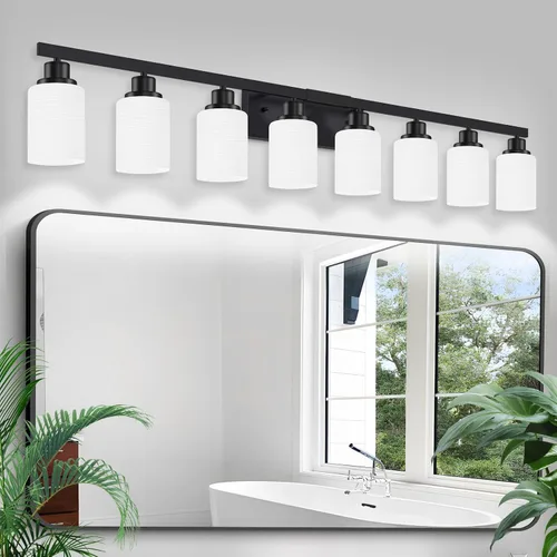 Miniatura 9 de Juego de 2 apliques de pared para baño, 1 luz negra, apliques de pared modernos para interiores con pantallas de vidrio blanco, lámpara de pared