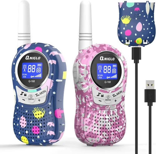 Miniatura 10 de QNIGLO Walkie Talkies para acampar para niños recargables, Walkie Talkies de camuflaje para niños y niñas, adecuados para juegos de aventura al aire