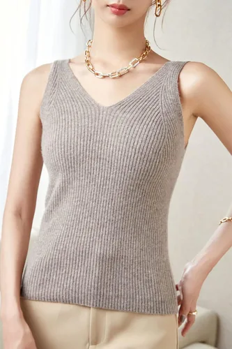 Miniatura 3 de LINY XIN Chaleco de punto 100 % lana merino para mujer, con cuello en V, sin mangas, liso, clásico