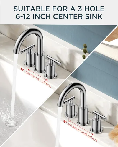 Miniatura 7 de FORIOUS Grifo de baño cromado de 3 agujeros, 8 pulgadas, grifo de lavabo de baño de cromo pulido de 6 pulgadas con drenaje desplegable de metal