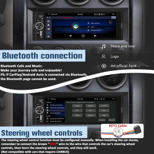 Miniatura 5 de Estéreo Universal Single Din para Automóvil con CarPlay Inalámbrico y Android Auto, Unidad Principal de Pantalla Táctil IPS de 6.36 Pulgadas