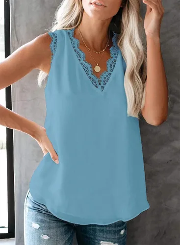 Miniatura 116 de VIISHOW - Camiseta sin mangas, sexy, con cuello en V y bordes de encaje para mujer, camisola de vestir, camisas de gasa, sin mangas, casuales