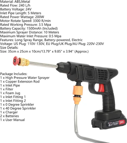 Miniatura 7 de Lavadora a presión inalámbrica, limpiador eléctrico portátil de 24 V, boquilla de 3.5 Mpa, motor de cobre, batería de 1500 mAh, kit de pulverización