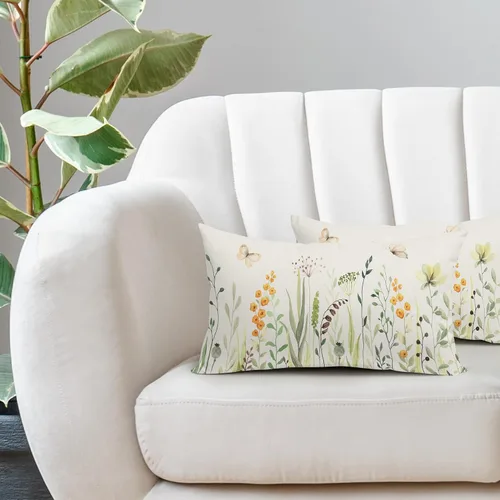 Miniatura 5 de Kawani Fundas de almohadón lumbar florales para primavera y verano de 12x20 pulgadas, flores silvestres amarillas y hojas verdes con mariposas