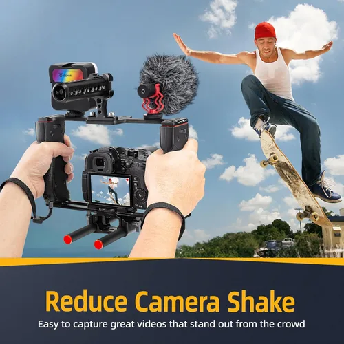 Miniatura 3 de Zeadio Kit de aparejo de video todo en uno, jaula de cámara de mano de aluminio con luz de video RGB, micrófono, mango superior, guía de varilla