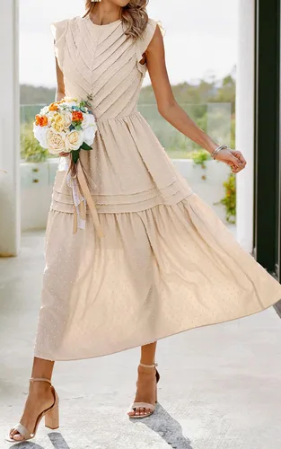 Miniatura 9 de Angashion Vestido largo de verano para mujer, casual, cuello redondo, manga casquillo, lunares suizos, plisado, liso, largo, vestido skater