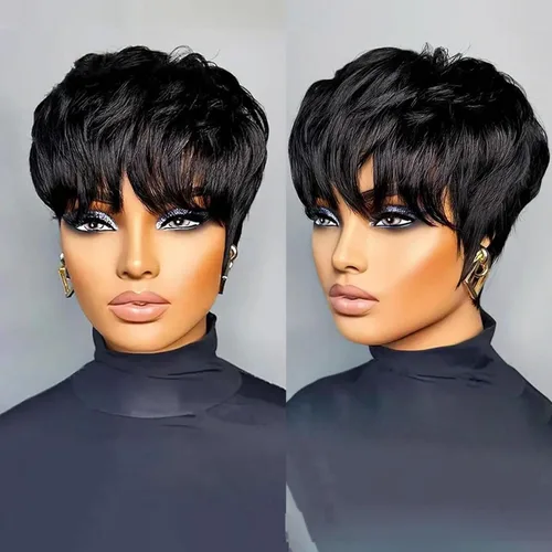 YOUKNOWIG Peluca corta de corte Pixie en capas, pelucas de cabello humano sin pegamento con corte Pixie para mujeres negras, hechas a máquina, sin
