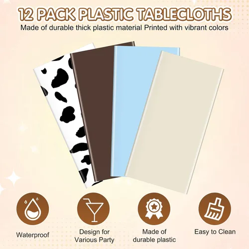 Miniatura 3 de Paquete de 12 manteles de plástico para baby shower de vaquero para mesas rectangulares, funda de mesa desechable con estampado de vaca, mantel