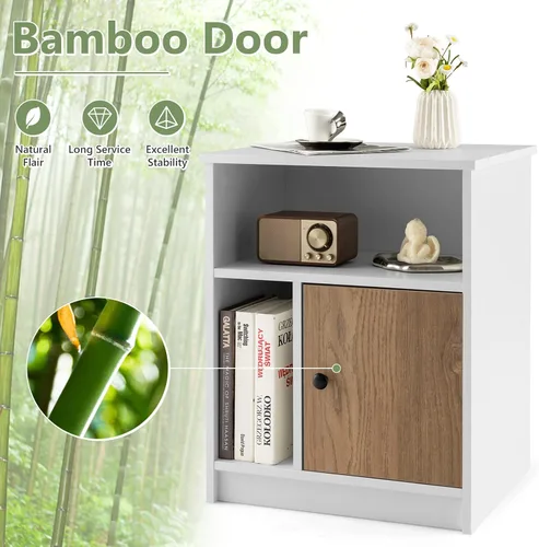 Miniatura 7 de Tangkula Juego de 2 mesitas de noche, mesa auxiliar de madera para sofá con puerta de bambú y compartimentos abiertos, mesa de noche multifuncional