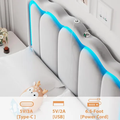Miniatura 7 de Base de cama LED tapizada tamaño matrimonial con 2 cajones de almacenamiento y cabecera doble ondulada ajustable, cama de plataforma de terciopelo