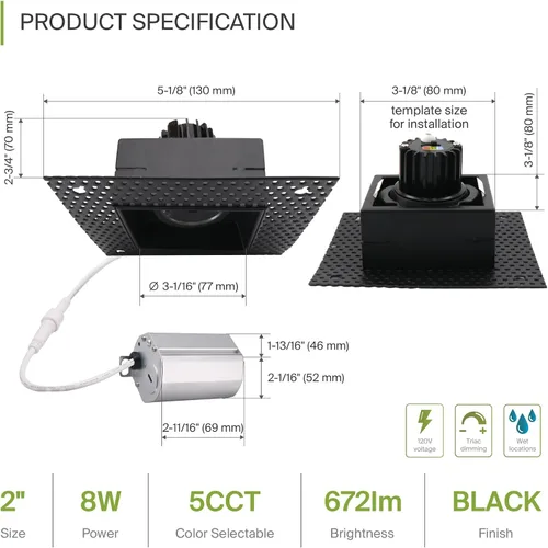 Miniatura 2 de ASD Trimless Gimbal - Iluminación LED empotrable de 2 pulgadas, 8 W 120 V, luz de techo direccional regulable ajustable con caja de conexión, 5 CCT