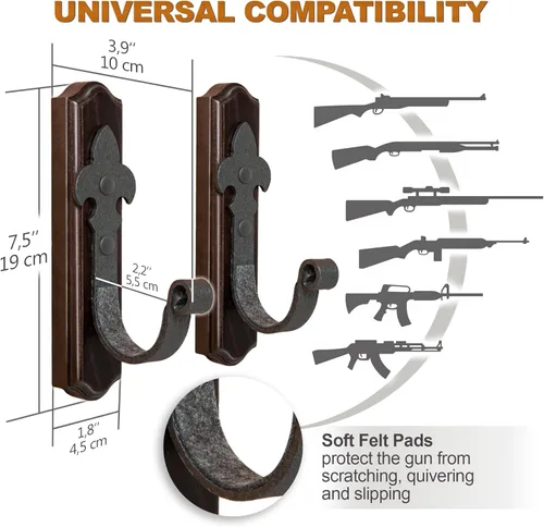 Miniatura 5 de TESLYAR Soporte de Pared para Armas – Montaje Horizontal de Armas en Pared con Ganchos de Metal – Soporte de Pared para Rifles – Soporte de Pared