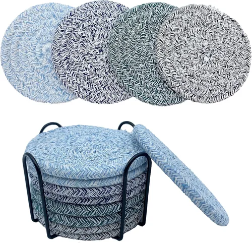 Miniatura 6 de Juego de 8 posavasos con soporte, posavasos para mesa auxiliar, juego de posavasos absorbentes para decoración de sala de estar, protección de mesa