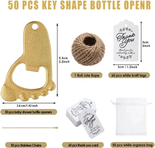 Miniatura 2 de 50 llaveros de huellas de bebé y abrebotellas para fiestas con bolsa de organza (dorado)