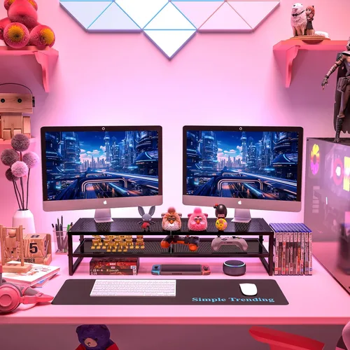 Miniatura 7 de Simple Trending - Soporte de dos niveles de metal para monitor dual, organizador de escritorio para oficina con alfombrilla para mouse de 32"x10