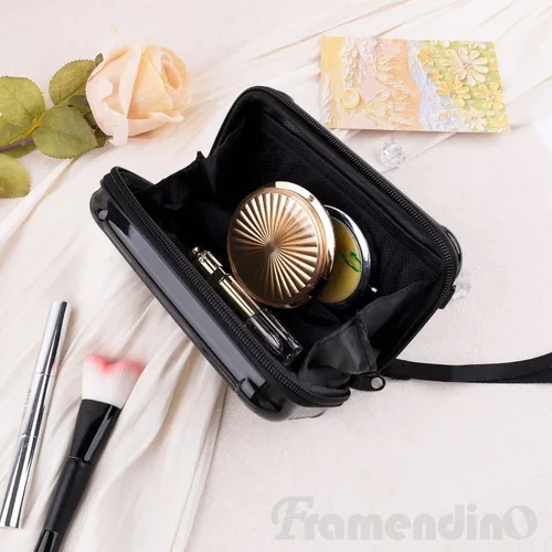 Miniatura 4 de Framendino, Estuche rígido negro para cosméticos, bolsa de transporte para artículos de tocador, mini maleta cruzada con cuerda de agarre