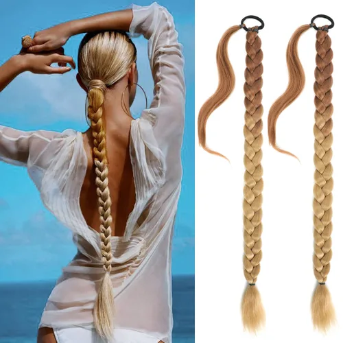 Miniatura 20 de 2 paquetes de 16 pulgadas de extensión de cola de caballo trenzada larga negra para mujeres negras con banda elástica, trenzado recto, extensiones