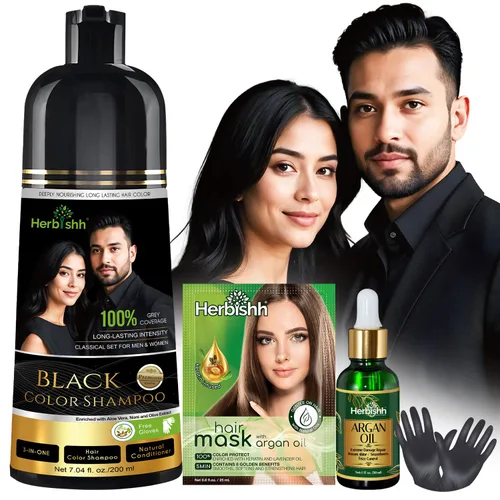 Miniatura 9 de Herbishh Paquete de Viaje Champú Tinte para el Cabello en Sobre + 1 Sobre de Mascarilla Capilar de Argán (Negro, 1 sobre)