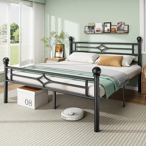 BedsPick Base de cama matrimonial con cabecero y estribo, base de cama de plataforma de metal con bola de esquina redonda, soporte de listones de