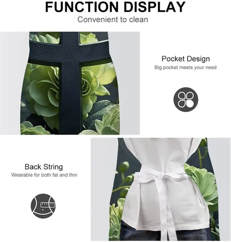 Miniatura 6 de MUSM Apron for Adults - 27.6 X 31.5 Inch, Heavy-Duty Polyester Aprons with Two Large Pockets, Waterproof Black Cross Among Green Flowers Kitchen