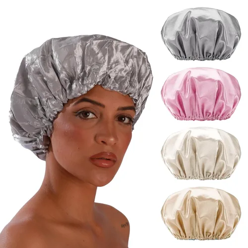 Miniatura 9 de Smilco Paquete de 2 gorros de ducha para mujer, reutilizables, impermeables, de doble capa, cubierta elástica grande de EVA para el cabello, se