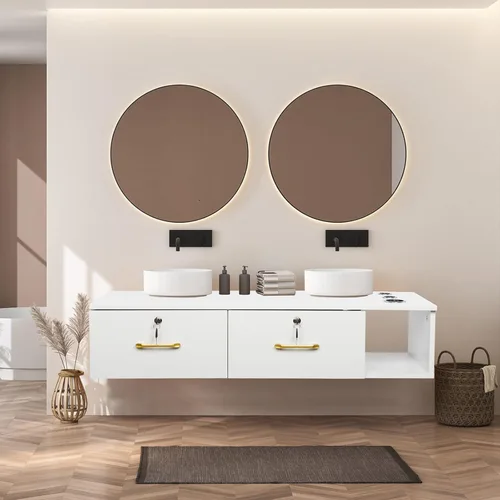 Miniatura 10 de Estación de peluquería de montaje en pared con 2 cajones de bloqueo y 3 agujeros, tocador de maquillaje flotante para peluquería de belleza, baño
