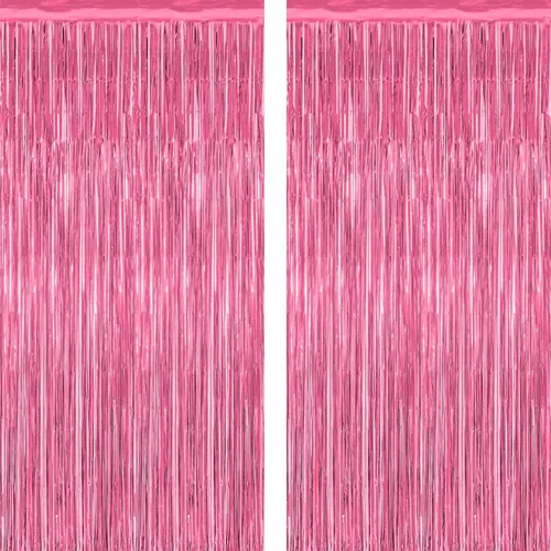 Paquete de 2 Decoraciones de Fiesta Rosadas, Telón de Fondo Rosa de 3.28 pies x 7.05 pies, Cortinas de Telón de Fondo de Flecos de Oropel Metálico,