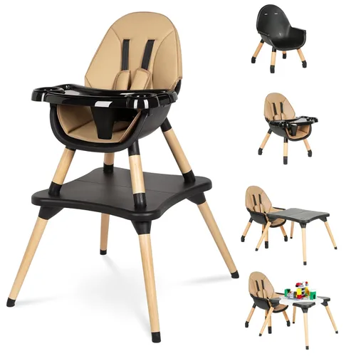 Silla alta 6 en 1 para bebés y niños pequeños, silla alta de madera convertible, juego de mesa y silla, silla de alimentación para bebé, arnés Negro