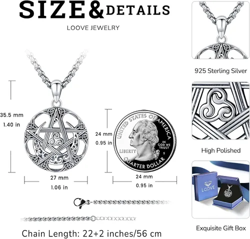 Miniatura 63 de Collar de pentagrama de plata de ley con triple luna, diosa celta, nudo celta, nudo de brujas, Ankh, sol y luna, Hécate, lilith, Santa Muerte