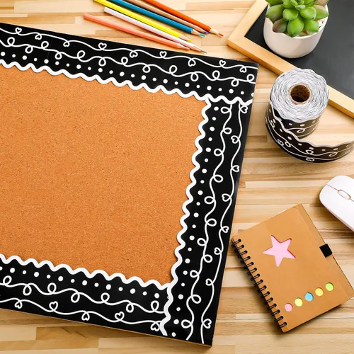 Miniatura 2 de Eaasty Tablero de anuncios en blanco y negro de 69 pies, para decoración de aula, tablero de anuncios, papel colorido festoneado troquelado