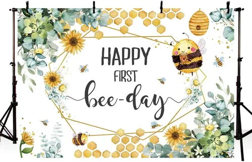 Miniatura 2 de MEHOFOND Telón de fondo para el primer día de las abejas con texto en inglés «Happy First Bee-Day» para fiesta de cumpleaños de niño y niña, panal