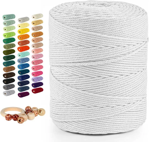 Miniatura 30 de Cordón de algodón macramé 5mmx109 yardas 4 hebras, Munzong Natural hecho a mano 4 cuerdas de algodón trenzadas para colgar en la pared, tejido