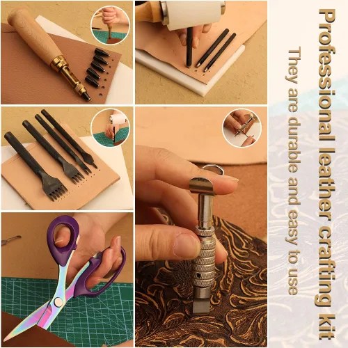 Miniatura 5 de Tikjiua 456 piezas de herramientas para trabajar el cuero con delantal y bolsa de herramientas, kit de manualidades de cuero con herramientas