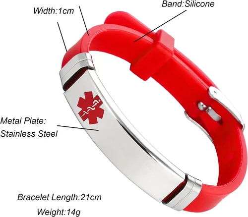 Miniatura 4 de TGLS Pulsera de identificación de alerta médica roja para mujer, acero inoxidable, para primeros auxilios de emergencia, alerta de salud, pulsera