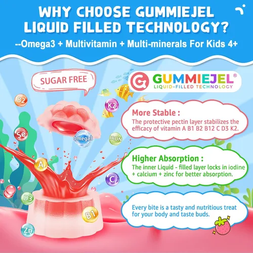 Miniatura 7 de Nextdia Gomitas rellenas de Omega 3 (EPA/DHA) para niños y adolescentes con multivitamínico, calcio + D3 + K2 + zinc, más vitamina A B1 B2 B12 C