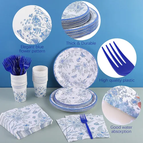 Miniatura 3 de DuroNY 144 piezas de juego de vajilla desechable azul y blanco con flores, platos de papel florales elegantes de 9 pulgadas y 7 pulgadas, vasos