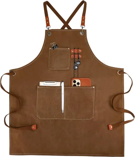 Miniatura 8 de APRONPANDA Delantales de chef con espalda cruzada para hombres y mujeres con bolsillos, delantal de trabajo de cocina ajustable de lona de algodón