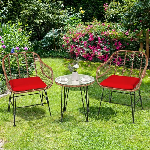 Miniatura 39 de Tangkula - Juego de 3 piezas para conversación en el patio, juego de muebles de mimbre al aire libre con mesa redonda de vidrio templado y 2