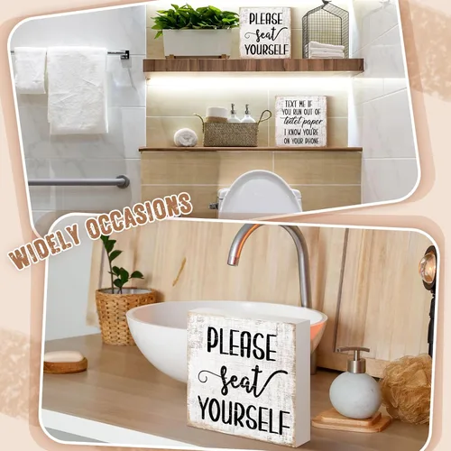 Miniatura 5 de Jetec 2 piezas de decoración de letreros de baño de granja, caja de madera con signo, arte de pared divertido para el baño, placa de madera rústica