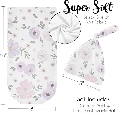Miniatura 5 de Sweet Jojo Designs Juego de 2 gorros y capullos florales de acuarela para bebé, saco de dormir de punto elástico para bebé, recién nacido, saco
