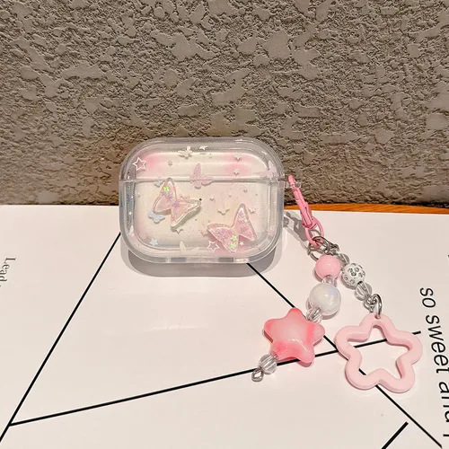 Miniatura 6 de Funda para Airpod Pro 2, bonita mariposa con purpurina 3D con llavero de estrella, funda protectora de TPU transparente compatible con AirPods Pro
