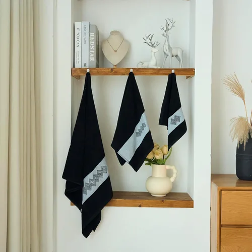 Miniatura 4 de Marina Decoration Juego de toallas de lujo premium ultra suave 100% algodón bordado para baño, moderno, 3 piezas, diseño cuadrado negro Cuadrado