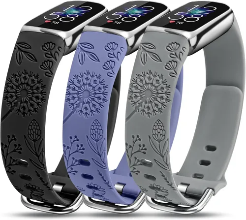 Minyee Paquete de 3 correas compatibles con Fitbit Luxe para mujer, de silicona suave, con grabado floral, correa deportiva de diente de león,