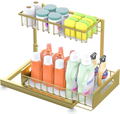 Miniatura 11 de Saydear Organizador de almacenamiento para debajo del fregadero, organizador de armario de cocina extraíble de 2 niveles con cajón deslizante, Negro
