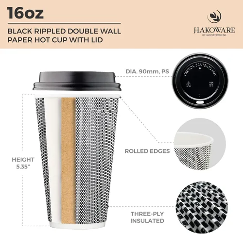 Miniatura 2 de Paquete de 85 tazas de café desechables de 16 onzas, vasos de papel de doble pared con tapas, diseño geométrico blanco y negro, tazas para beber