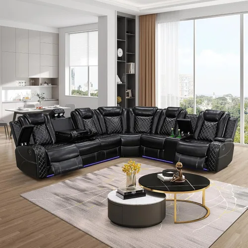Sofá Seccional Reclinable Eléctrico, Sofá Modular Seccional Reclinable de Cuero Negro, Sofá de Cuero en Forma de L con Luces LED/Cargador
