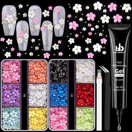 Miniatura 12 de Dijes para uñas 3D, kit de manicura con gel de pegamento de diamantes de imitación para uñas (curado UV), mariposa blanca rosa flor gemas AB 03-2