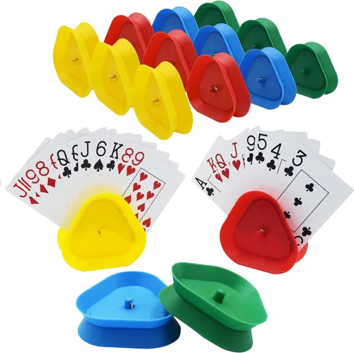 Yuanhe Soporte para juego de cartas, bandeja de póquer manos libres en forma de triángulo, 4 colores, juego de 16