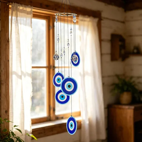 YU FENG Carillón de viento con ojo maligno azul para exteriores, adorno colgante de 19" de metal, campanillas de viento para jardín al aire libre